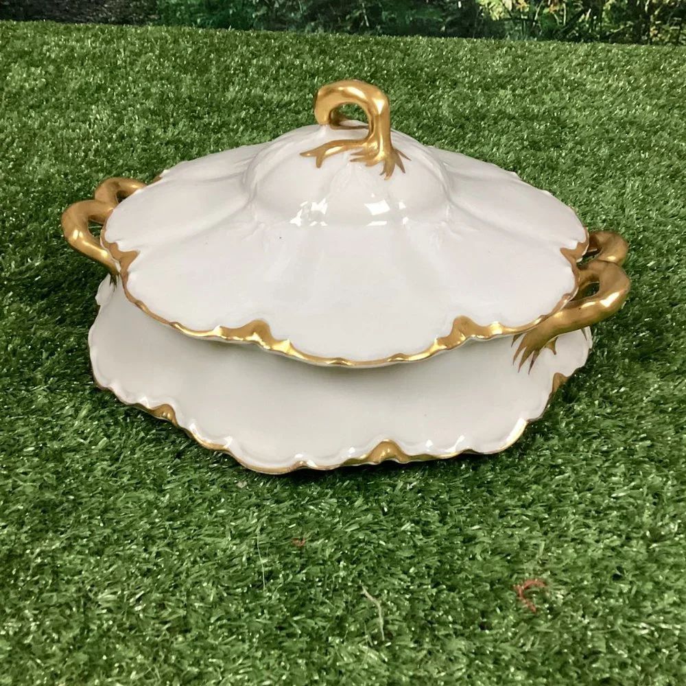 Antique Haviland Limoges Gold & White Porcelain Tureen Covered Bowl